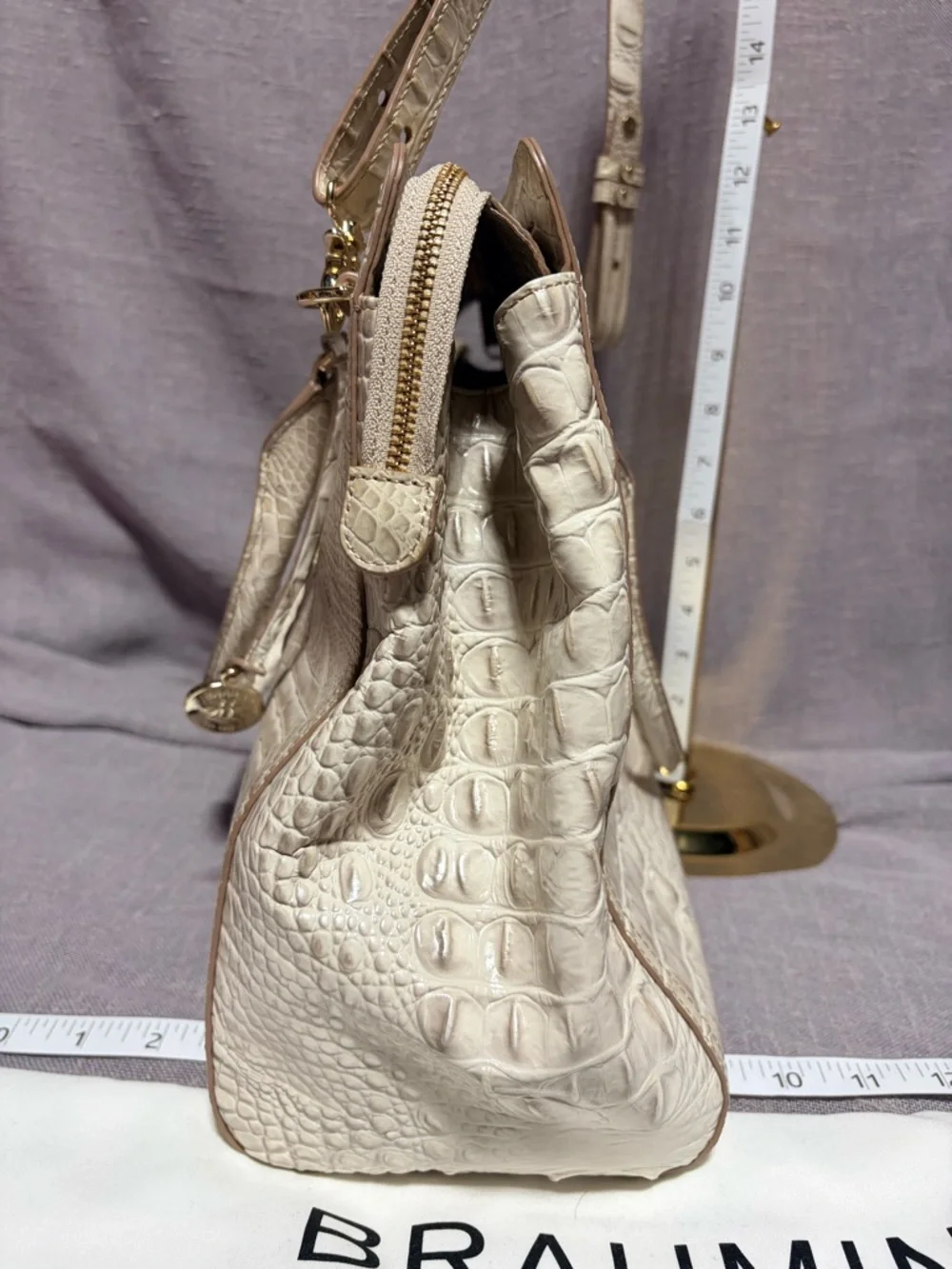 Brahmin Cream Croc-Embossed Leather Satchel with Gold Hardware